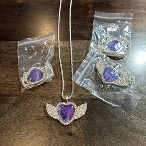 Silver and Purple Heart Wing Necklace